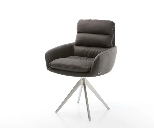 Chaise-de-salle-à-manger Abelia-Flex avec accoudoirs microvelours anthracite vintage pied croisé angulaire acier inoxydable brossé