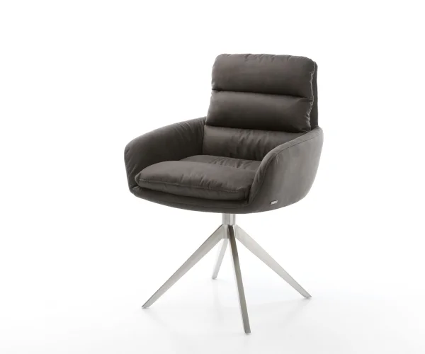 Chaise-de-salle-à-manger Abelia-Flex avec accoudoirs microvelours anthracite vintage pied croisé large acier inoxydable brossé