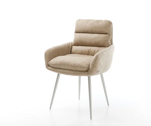 Chaise-de-salle-à-manger Abelia-Flex avec accoudoirs microvelours beige vintage 4 pieds coniques acier inoxydable brossé
