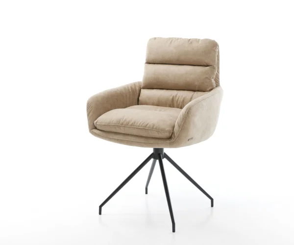 Chaise-de-salle-à-manger Abelia-Flex avec accoudoirs microvelours beige vintage pied croisé conique noir