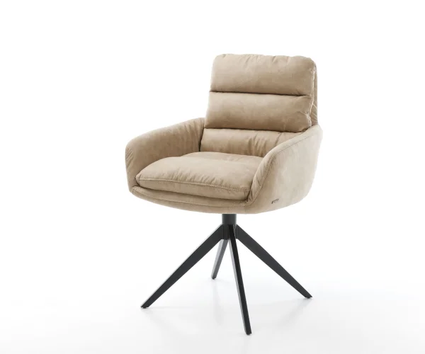 Chaise-de-salle-à-manger Abelia-Flex avec accoudoirs microvelours beige vintage pied croisé large noir
