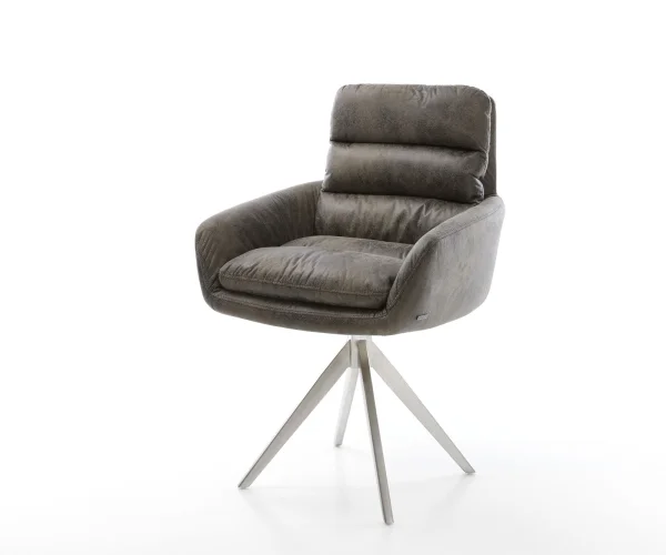 Chaise-de-salle-à-manger Abelia-Flex avec accoudoirs microvelours gris antique pied croisé angulaire acier inoxydable brossé