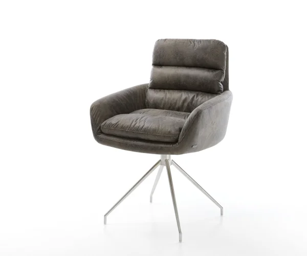 Chaise-de-salle-à-manger Abelia-Flex avec accoudoirs microvelours gris antique pied croisé conique acier inoxydable brossé