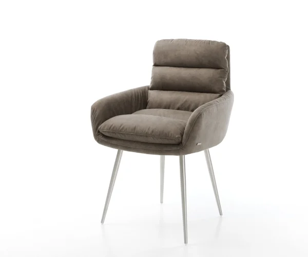 Chaise-de-salle-à-manger Abelia-Flex avec accoudoirs microvelours taupe vintage 4 pieds coniques acier inoxydable brossé