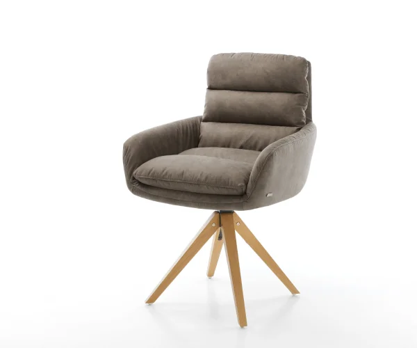 Chaise-de-salle-à-manger Abelia-Flex avec accoudoirs microvelours taupe vintage pied en bois angulaire naturel