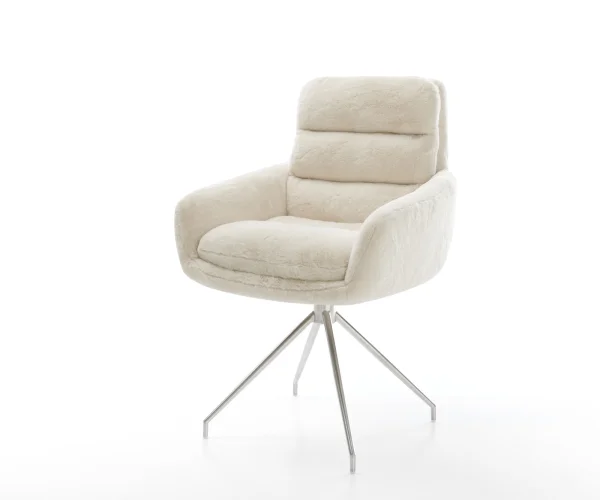 Chaise-de-salle-à-manger Abelia-Flex avec accoudoirs peluche crème-blanc pied croisé conique acier inoxydable
