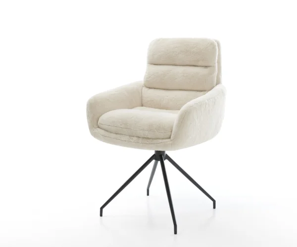 Chaise-de-salle-à-manger Abelia-Flex avec accoudoirs peluche crème-blanc pied croisé conique noir