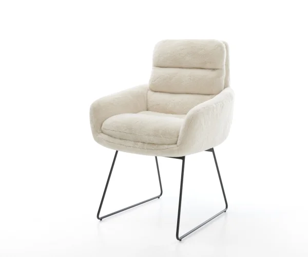 Chaise-de-salle-à-manger Abelia-Flex avec accoudoirs peluche crème-blanc pied trapèze noir