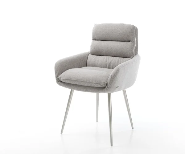 Chaise-de-salle-à-manger Abelia-Flex avec accoudoirs rayures gris clair 4 pieds coniques acier inoxydable brossé