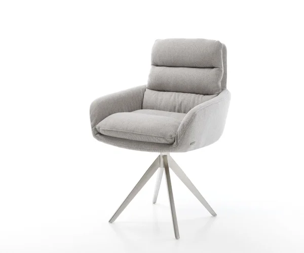 Chaise-de-salle-à-manger Abelia-Flex avec accoudoirs rayures gris clair pied croisé angulaire acier inoxydable brossé