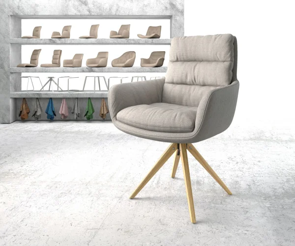 Chaise-de-salle-à-manger Abelia-Flex avec accoudoirs rayures gris clair pied en bois angulaire naturel