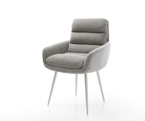 Chaise-de-salle-à-manger Abelia-Flex avec accoudoirs tissu structuré doux gris 4 pieds coniques acier inoxydable