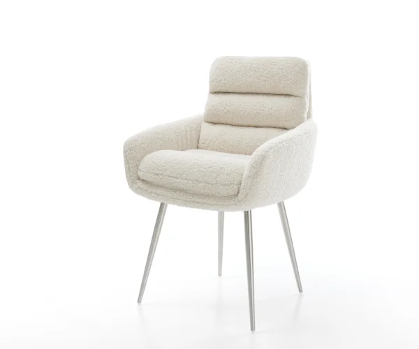 Chaise-de-salle-à-manger Abelia-Flex avec accoudoirs tissu teddy beige 4 pieds coniques acier inoxydable