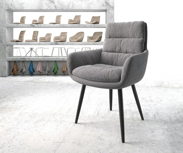 Chaise-de-salle-à-manger Abelia-Flex avec accoudoirs tissu texturé gris clair 4 pieds coniques noir