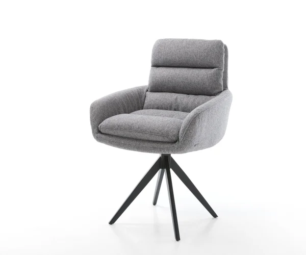 Chaise-de-salle-à-manger Abelia-Flex avec accoudoirs tissu texturé gris clair pied croisé angulaire noir