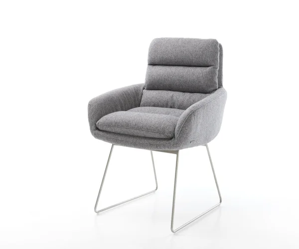 Chaise-de-salle-à-manger Abelia-Flex avec accoudoirs tissu texturé gris clair pied trapèze acier inoxydable brossé