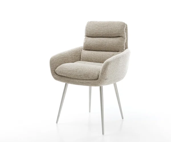 Chaise-de-salle-à-manger Abelia-Flex avec accoudoirs tissu tissé doux beige 4 pieds coniques acier inoxydable