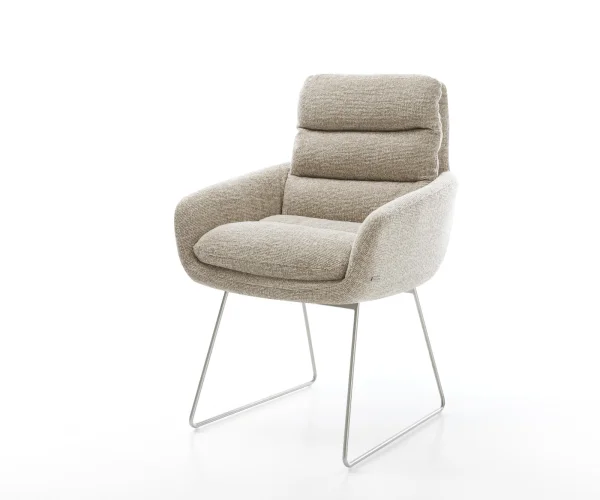 Chaise-de-salle-à-manger Abelia-Flex avec accoudoirs tissu tissé doux beige pied trapèze acier inoxydable