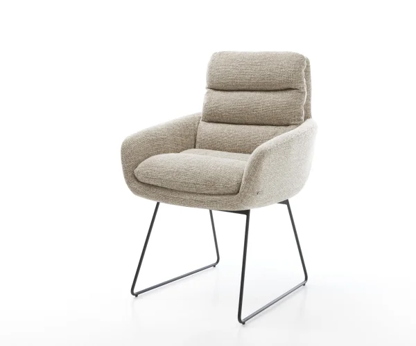 Chaise-de-salle-à-manger Abelia-Flex avec accoudoirs tissu tissé doux beige pied trapèze noir