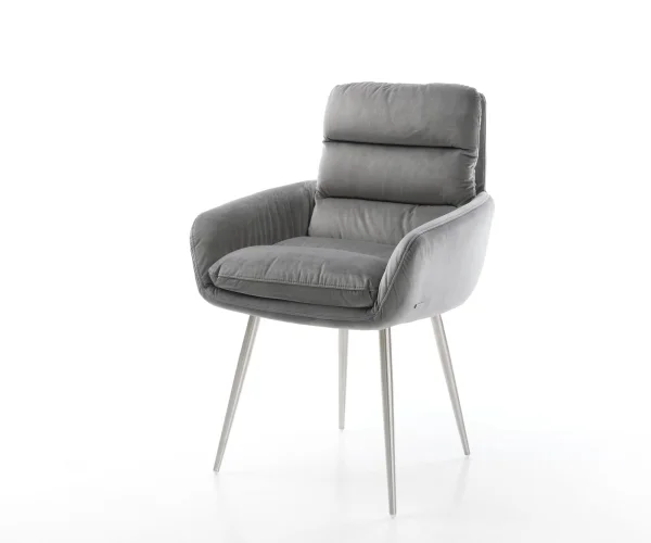 Chaise-de-salle-à-manger Abelia-Flex avec accoudoirs velours gris 4 pieds coniques acier inoxydable brossé