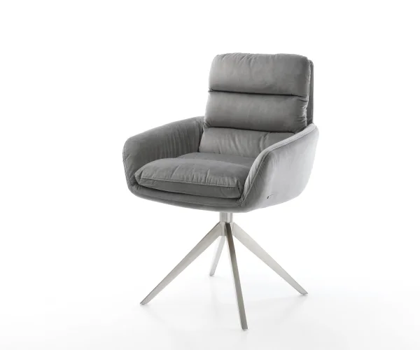 Chaise-de-salle-à-manger Abelia-Flex avec accoudoirs velours gris pied croisé large acier inoxydable brossé