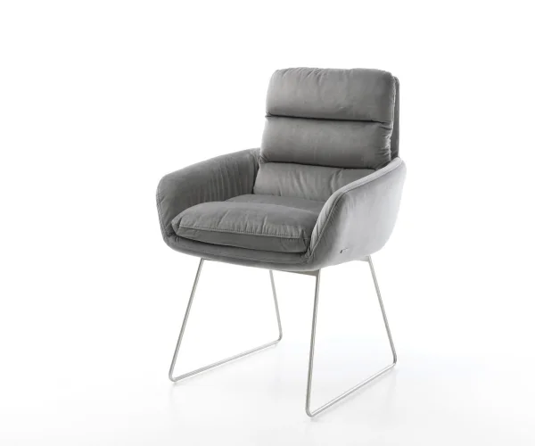 Chaise-de-salle-à-manger Abelia-Flex avec accoudoirs velours gris pied trapèze acier inoxydable brossé