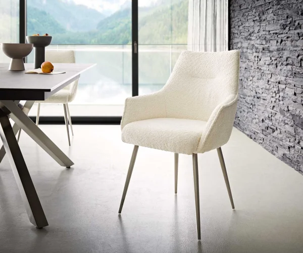 Chaise-de-salle-à-manger Alja-Flex avec accoudoirs bouclé blanc 4 pieds coniques acier inoxydable brossé ressorts ensachés