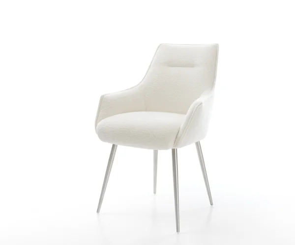 Chaise-de-salle-à-manger Alja-Flex avec accoudoirs bouclé doux beige 4 pieds coniques acier inoxydable resorts ensachés