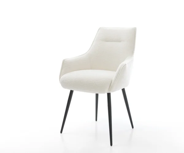 Chaise-de-salle-à-manger Alja-Flex avec accoudoirs bouclé doux beige 4 pieds coniques noir resorts ensachés