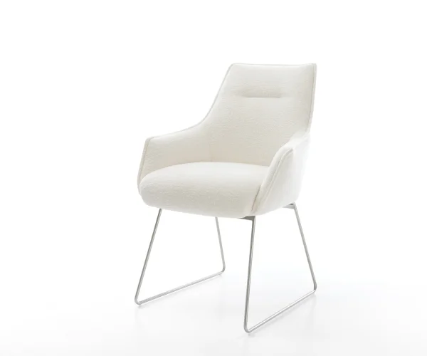 Chaise-de-salle-à-manger Alja-Flex avec accoudoirs bouclé doux beige pied trapèze acier inoxydable resorts ensachés