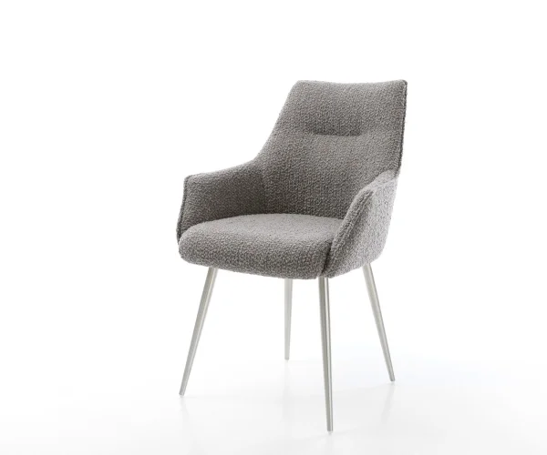 Chaise-de-salle-à-manger Alja-Flex avec accoudoirs bouclé gris argenté 4 pieds coniques acier inoxydable brossé ressorts ensachés