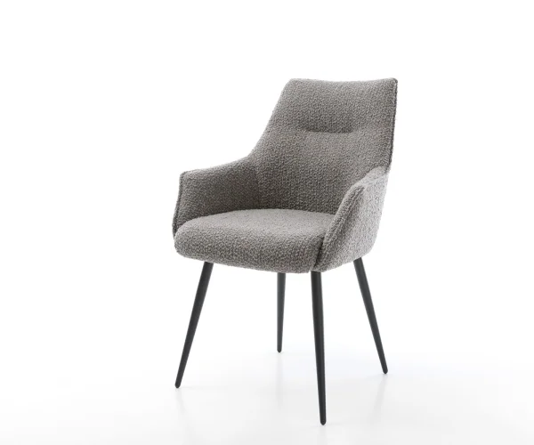Chaise-de-salle-à-manger Alja-Flex avec accoudoirs bouclé gris argenté 4 pieds coniques noir ressorts ensachés