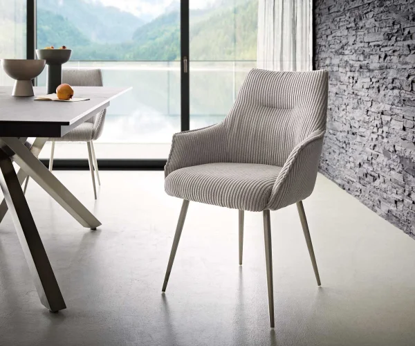 Chaise-de-salle-à-manger Alja-Flex avec accoudoirs côtelé gris argenté 4 pieds coniques acier inoxydable brossé ressorts ensachés