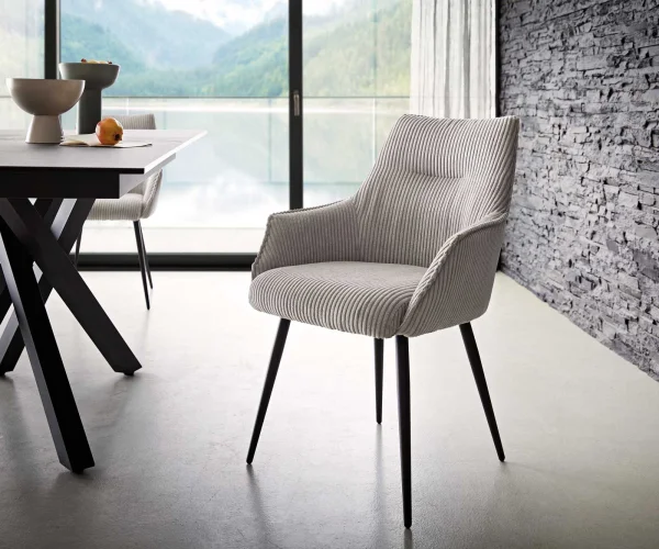 Chaise-de-salle-à-manger Alja-Flex avec accoudoirs côtelé gris argenté 4 pieds coniques noir ressorts ensachés