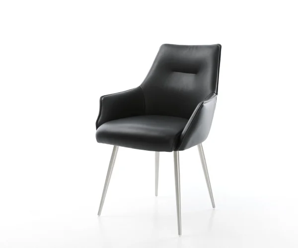 Chaise-de-salle-à-manger Alja-Flex avec accoudoirs cuir de vache noir 4 pieds coniques acier inoxydable brossé ressorts ensachés