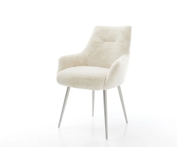 Chaise-de-salle-à-manger Alja-Flex avec accoudoirs peluche crème-blanc 4 pieds coniques acier inoxydable resorts ensachés