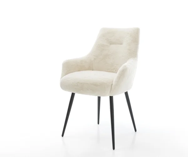 Chaise-de-salle-à-manger Alja-Flex avec accoudoirs peluche crème-blanc 4 pieds coniques noir resorts ensachés