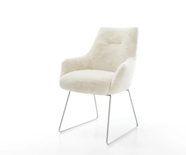Chaise-de-salle-à-manger Alja-Flex avec accoudoirs peluche crème-blanc pied trapèze acier inoxydable resorts ensachés