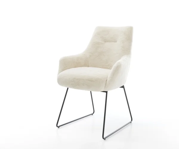 Chaise-de-salle-à-manger Alja-Flex avec accoudoirs peluche crème-blanc pied trapèze noir resorts ensachés