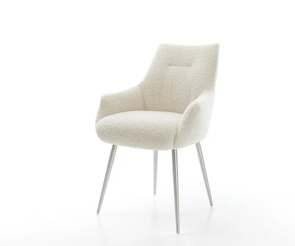 Chaise-de-salle-à-manger Alja-Flex avec accoudoirs tissu teddy beige 4 pieds coniques acier inoxydable resorts ensachés