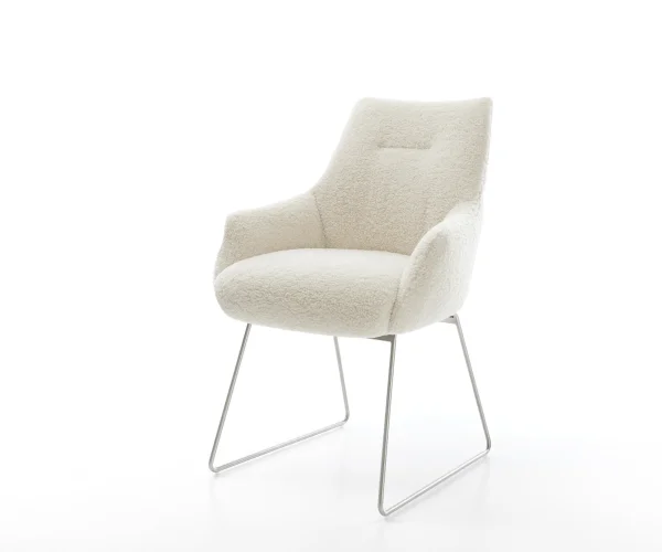 Chaise-de-salle-à-manger Alja-Flex avec accoudoirs tissu teddy beige pied trapèze acier inoxydable resorts ensachés