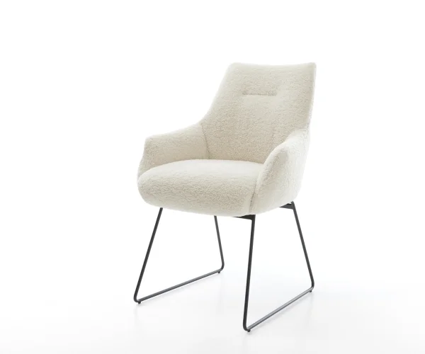 Chaise-de-salle-à-manger Alja-Flex avec accoudoirs tissu teddy beige pied trapèze noir resorts ensachés