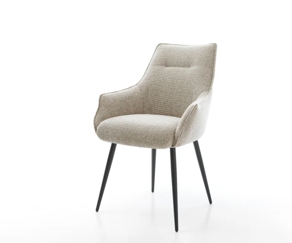 Chaise-de-salle-à-manger Alja-Flex avec accoudoirs tissu tissé doux beige 4 pieds coniques noir resorts ensachés