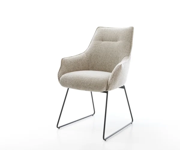 Chaise-de-salle-à-manger Alja-Flex avec accoudoirs tissu tissé doux beige pied trapèze noir resorts ensachés