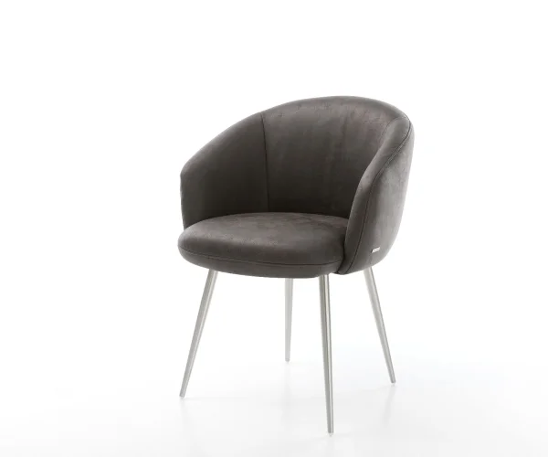 Chaise-de-salle-à-manger Caja-Flex avec accoudoirs microvelours anthracite vintage 4 pieds coniques acier inoxydable brossé ressorts ensachés