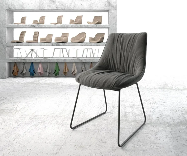 Chaise-de-salle-à-manger Elda-Flex tissu texturé anthracite pied trapèze noir