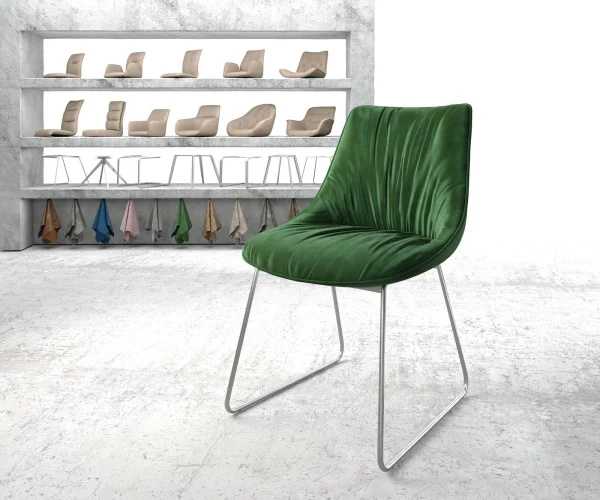 Chaise-de -salle-à-manger Elda-Flex velours vert cadre patin acier inoxydable