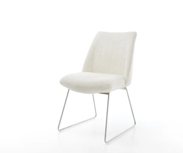 Chaise-de-salle-à-manger Elso-Flex bouclé blanc pied trapèze acier inoxydable brossé ressorts ensachés