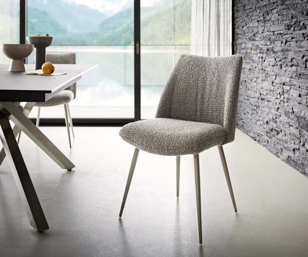 Chaise-de-salle-à-manger Elso-Flex bouclé gris argenté 4 pieds coniques acier inoxydable brossé ressorts ensachés