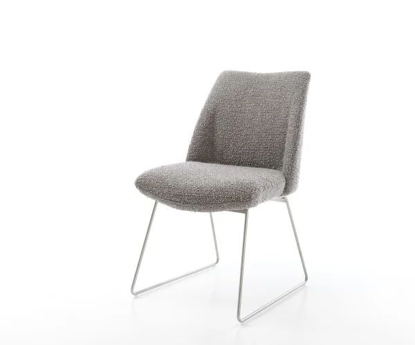 Chaise-de-salle-à-manger Elso-Flex bouclé gris argenté pied trapèze acier inoxydable brossé ressorts ensachés